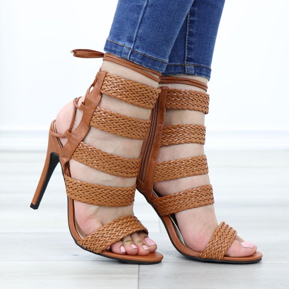 Glam Gladiator Style Strappy Brown High Heel Stiletto Sandals - Picture 4 of 12
